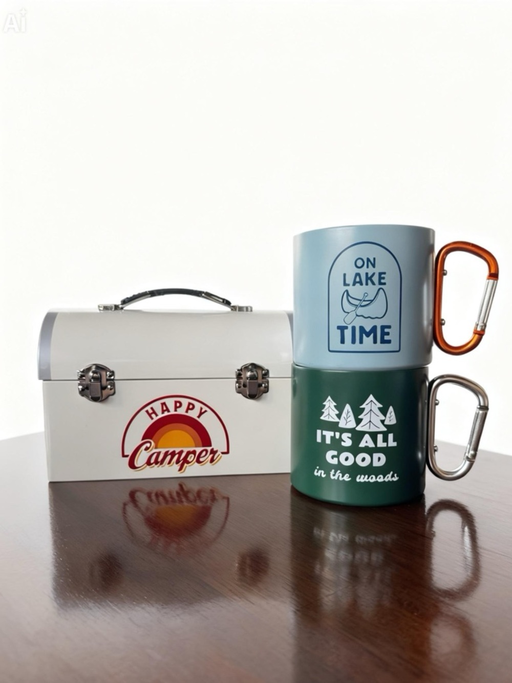 Happy Camper White Metal Lunch Box & Green/Blue Camping Mugs Set